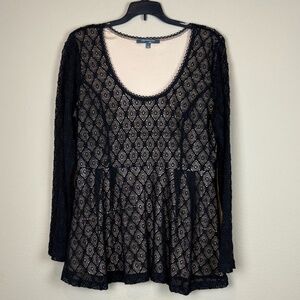 Catherine Malandrino Black Geometric Lace Long Sleeve Peplum Blouse/Tunic Top